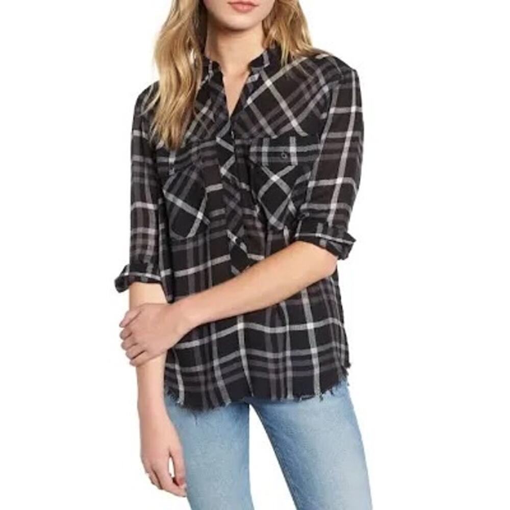 Rails Redding Shirt Womens Medium Ink Grey White Plaid Long Sleeve Frayed Hem